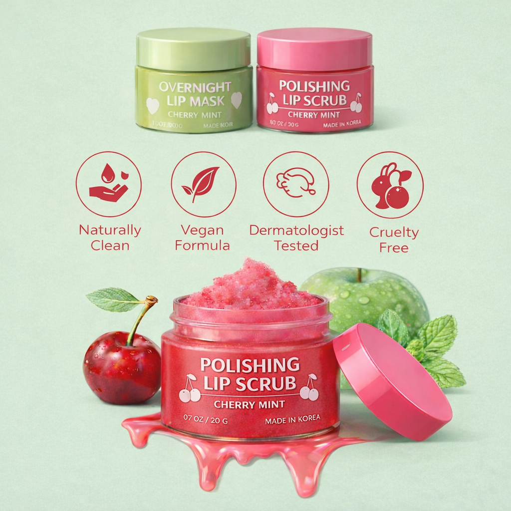 Korean Lip Care Duo Set - Cherry Mint Exfoliating Lip Scrub & Apple and Pear Overnight Lip Mask