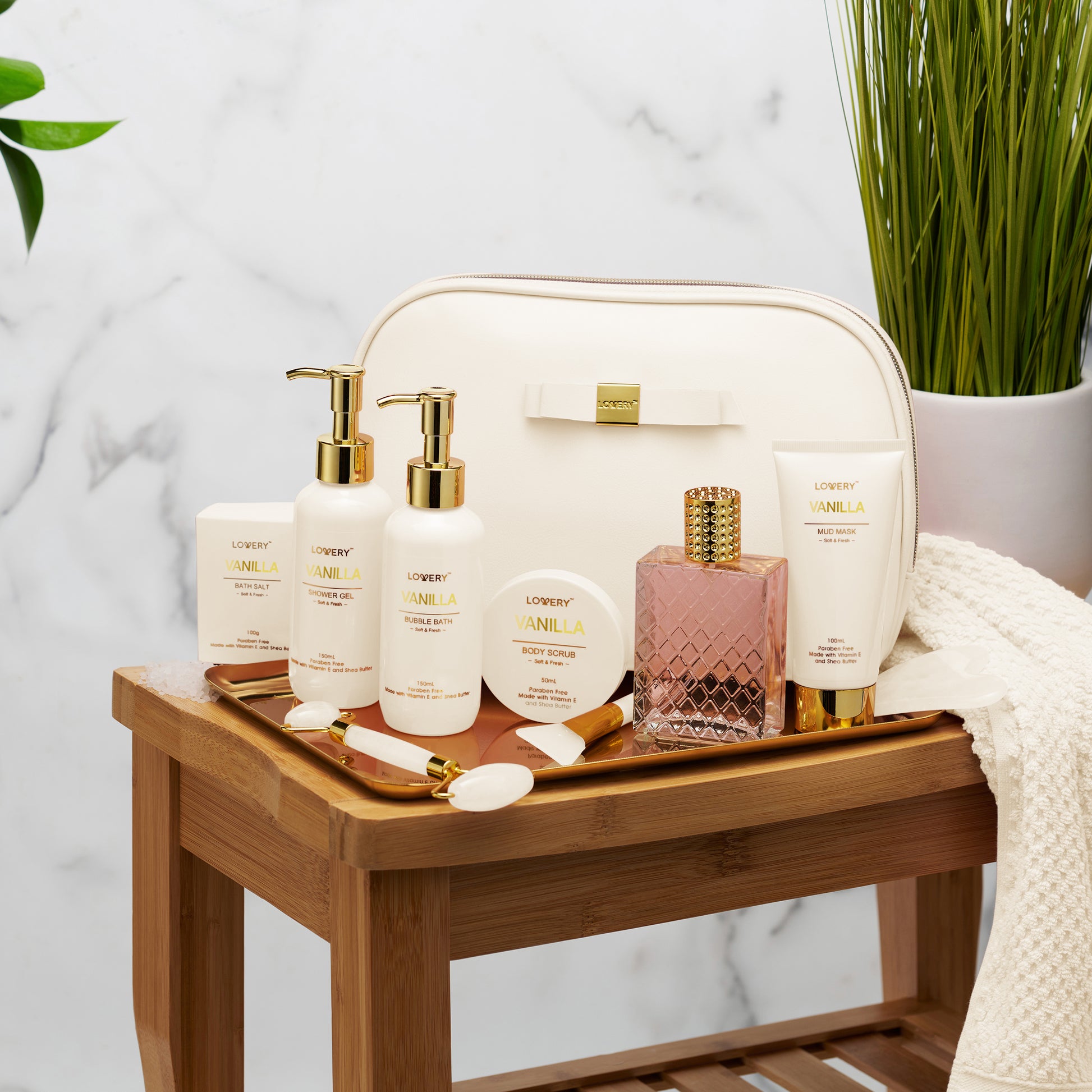 tea tree lavender mint holiday gift set Lovery Luxury Spa Kit Premium Vanilla Bath and Body in Leather Bag