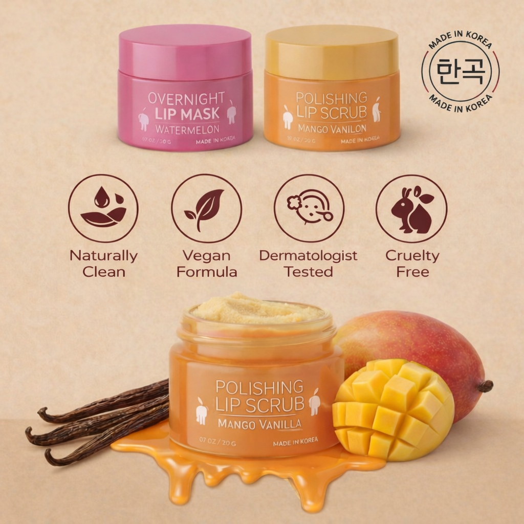 Korean Lip Care Duo Set - Mango Vanilla Exfoliating Lip Scrub & Watermelon Overnight Lip Mask
