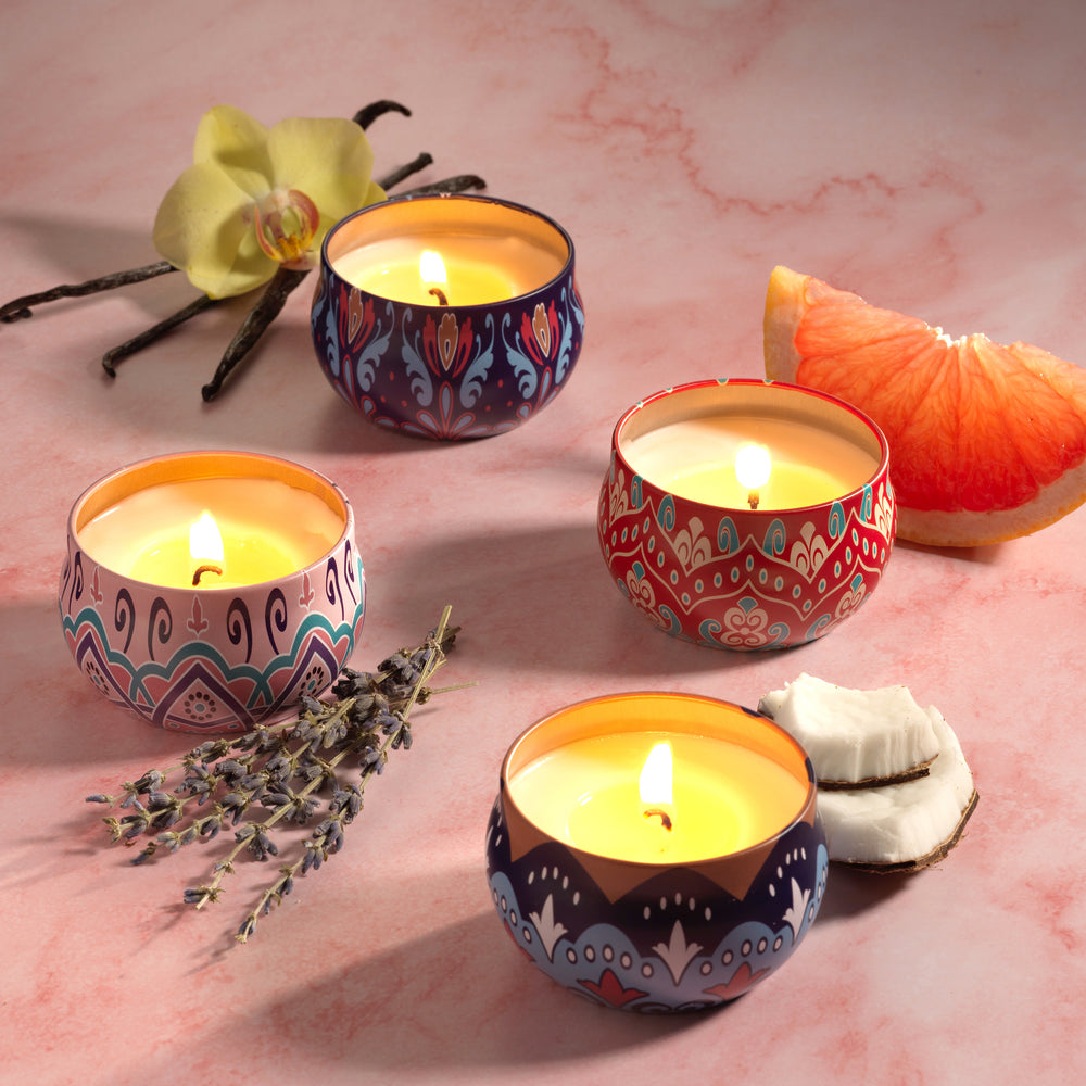 Candles Gift for Women, Scented Candles, 10% Essential Oil Aromatherapy Candle, 4 Pc Stress Relief Gifts for Women, 120h Burning Soy Candles for