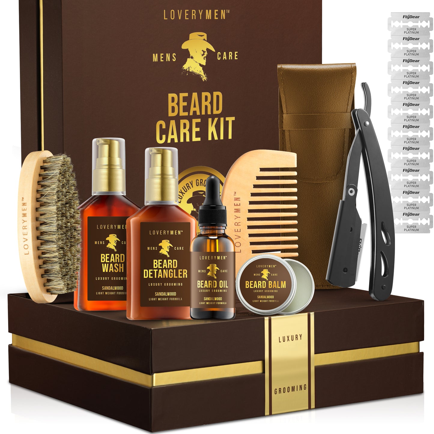 LoveryMEN Beard Care Kit - 11Pc Sandalwood Scented Grooming Kit