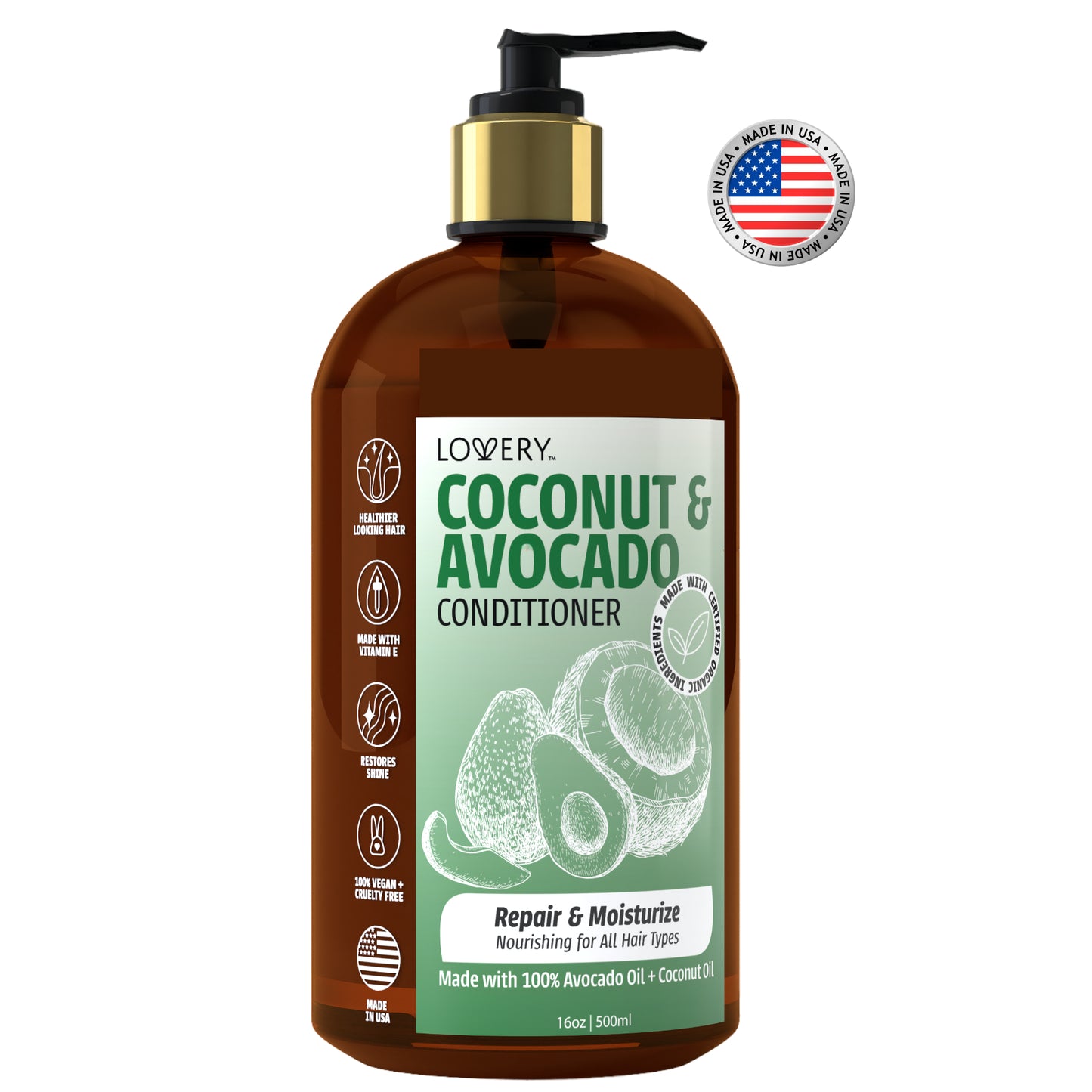 Coconut and Avocado Conditioner - 16oz Organic Hair Care Made in USA