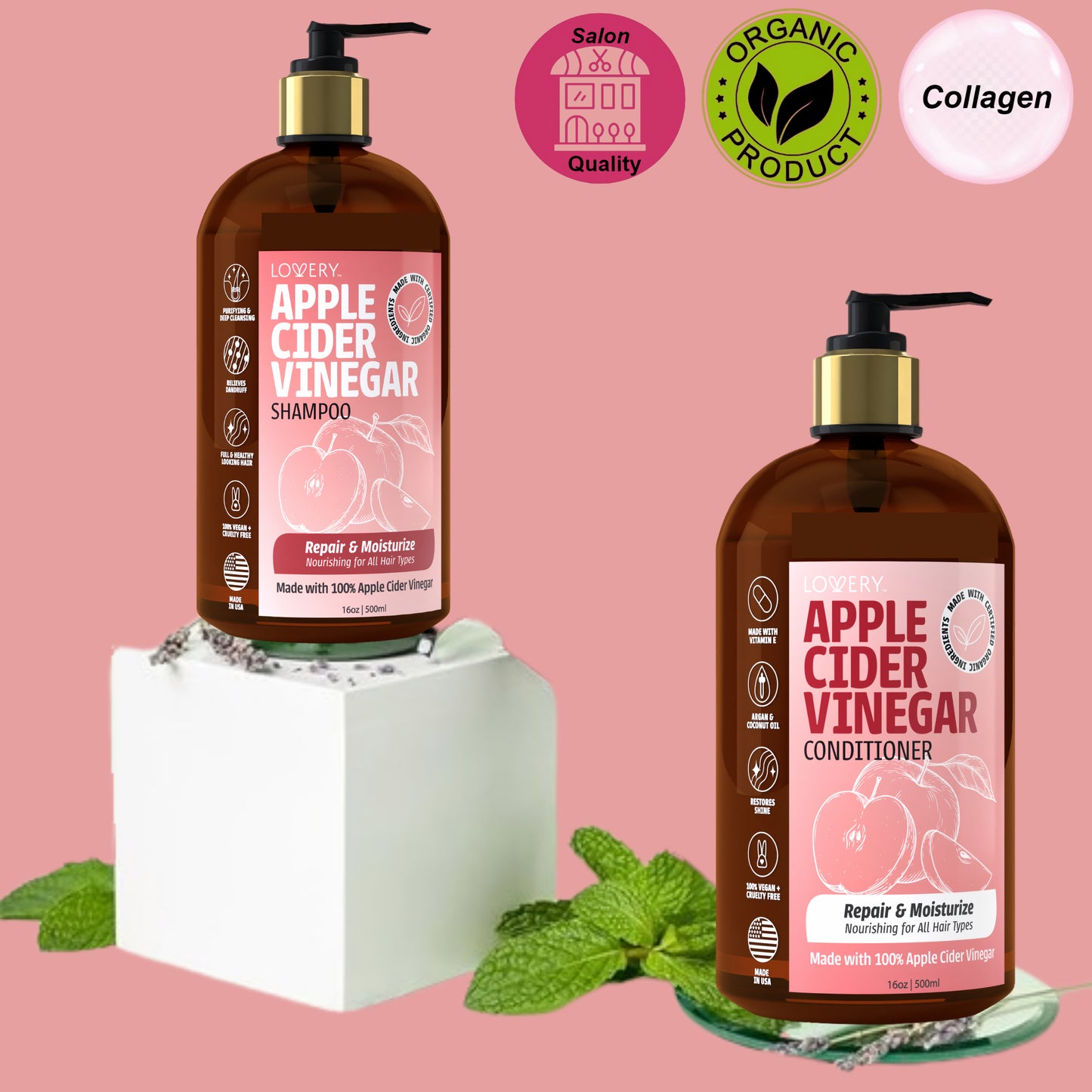 Apple Cider Vinegar Shampoo & Conditioner Gift Set - 32oz Hair Care Made in USA