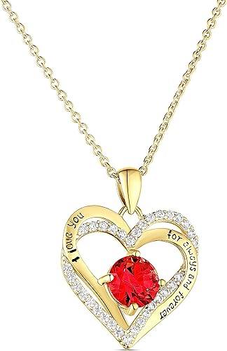 Mothers Day Gifts for Her - Forever Love Heart Pendant Birthstone Necklaces for Women, 14K Gold Plated Double Heart Ruby, Vanilla Soy Candle & Pouch, Luxury Jewelry for Women Mom Girlfriend