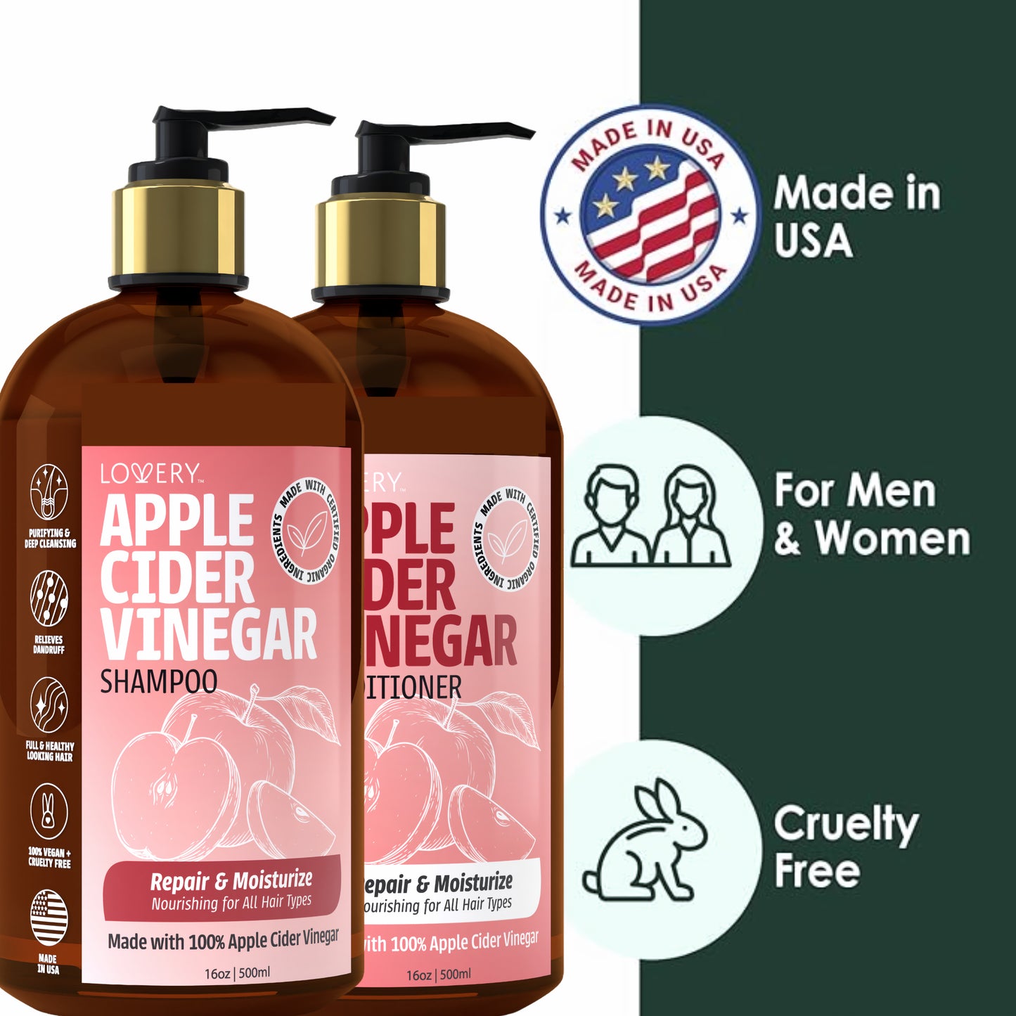 Apple Cider Vinegar Shampoo & Conditioner Gift Set - 32oz Hair Care Made in USA