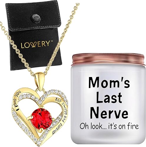 Mothers Day Gifts for Her - Forever Love Heart Pendant Birthstone Necklaces for Women, 14K Gold Plated Double Heart Ruby, Vanilla Soy Candle & Pouch, Luxury Jewelry for Women Mom Girlfriend
