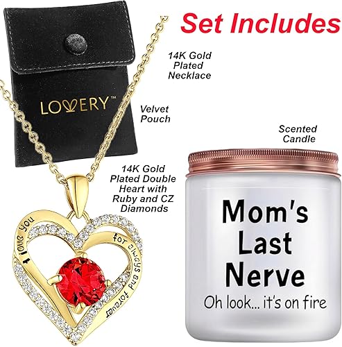 Mothers Day Gifts for Her - Forever Love Heart Pendant Birthstone Necklaces for Women, 14K Gold Plated Double Heart Ruby, Vanilla Soy Candle & Pouch, Luxury Jewelry for Women Mom Girlfriend