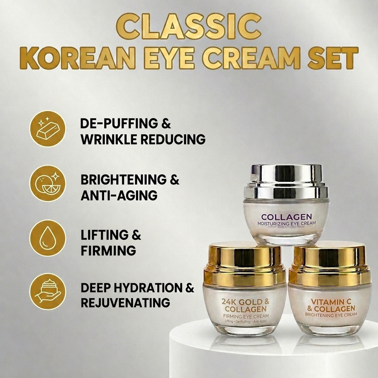 Lovery Ultimate Korean Eye Care Trio - Koean Skincare Collagen and Vitamin C and 24K Gold Anti-Aging Eye Cream Set