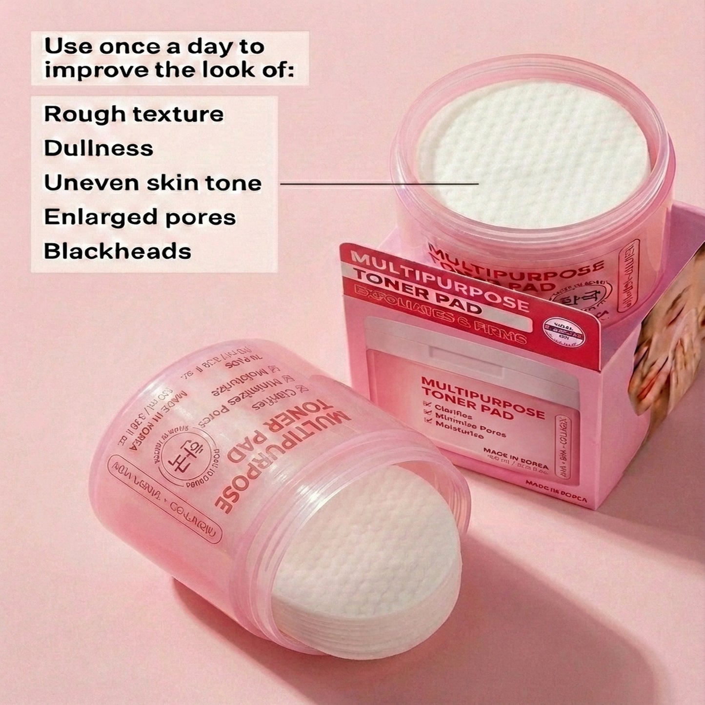 Korean Skin Care Resurfacing Toner Pads with AHA + BHA + Vegan Collagen - 70 Pads