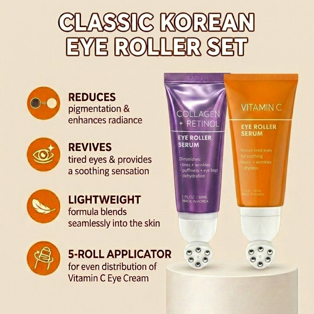 Lovery Korean Skincare Eye Roller Serum Duo - Collagen + Retinol & Vitamin C Brightening Under Eye Treatment Set