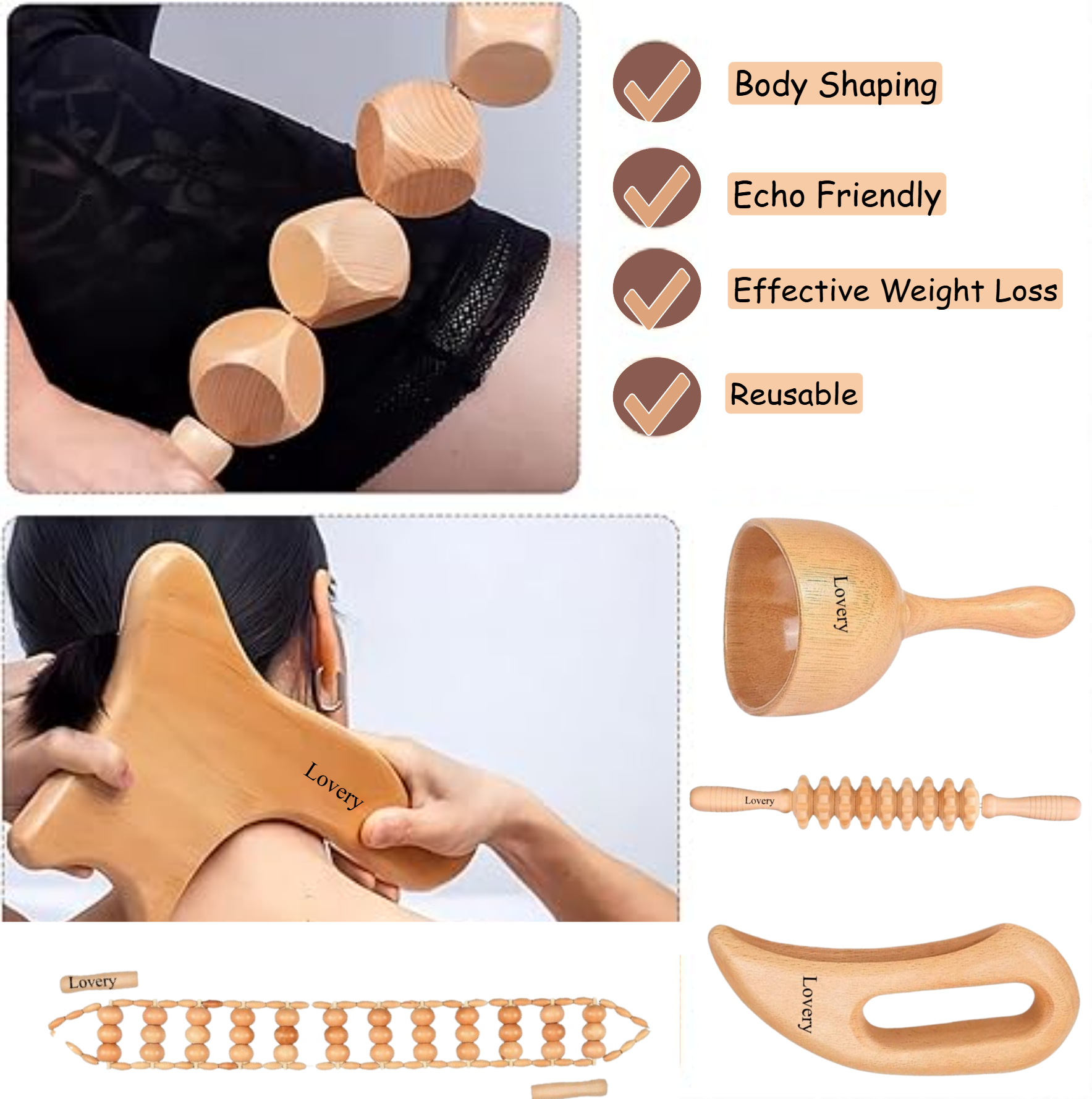 Wooden Massage Tool Kit - 6pc Natural Wood Therapy Set for Body Wooden Massage Tool Kit - 6pc Natural Wood Therapy Set for Body