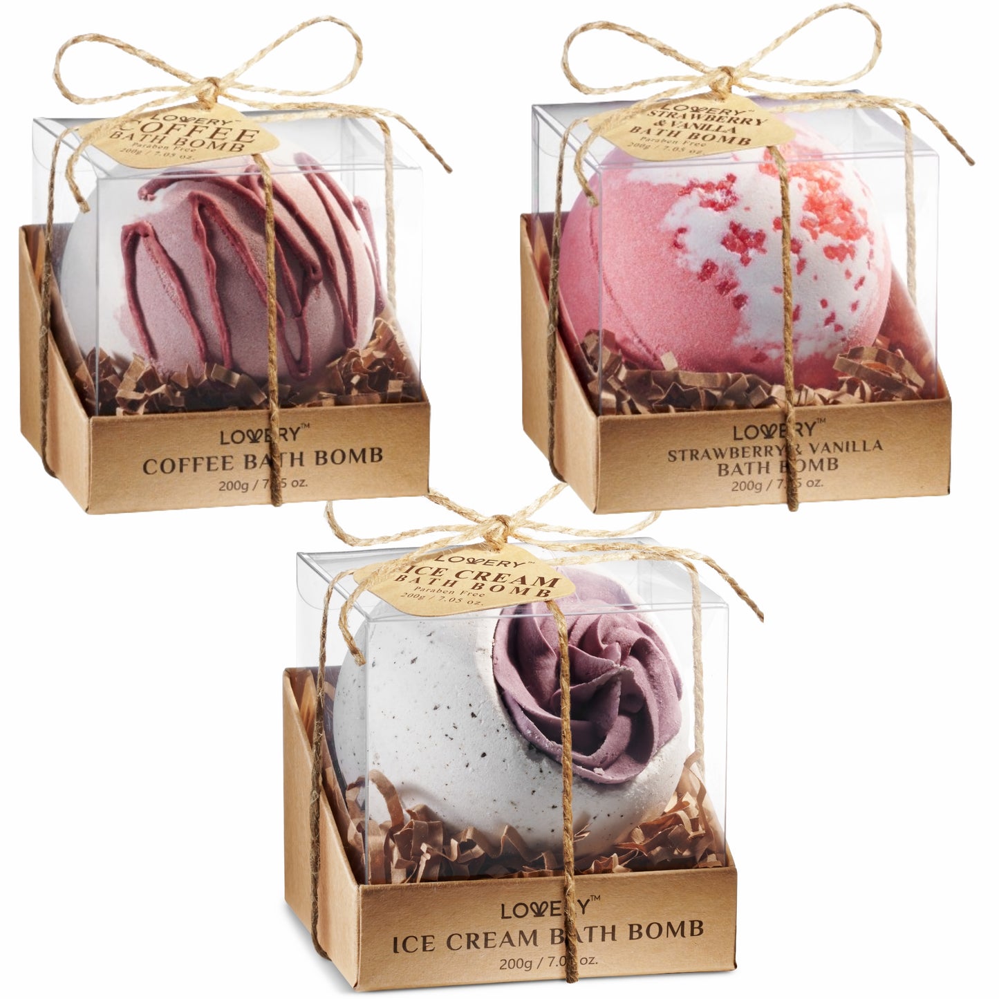 3pc Hand Decorated Bath Bombs in Coffee, Strawberry & Ice Cream Scents