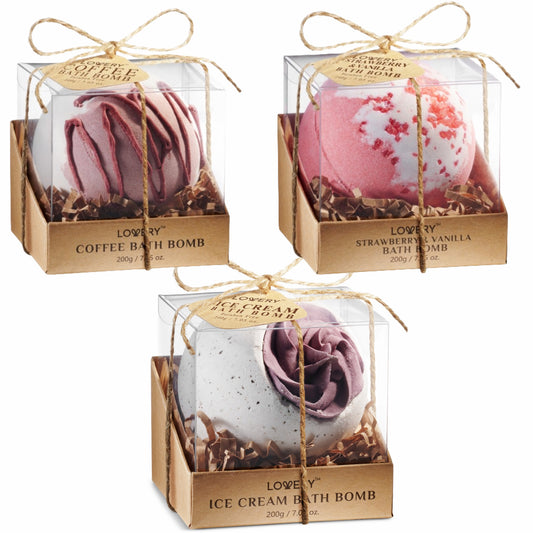 3pc Hand Decorated Bath Bombs in Coffee, Strawberry & Ice Cream Scents
