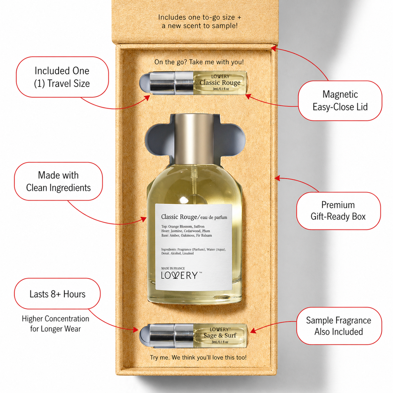 LoveryPlus Classic Rouge Eau de Parfum 3pc. Fragrance Gift Set - Inspired by Maison Francis Kurkdjian Baccarat Rouge 540, 3.4 fl oz Perfume Spray