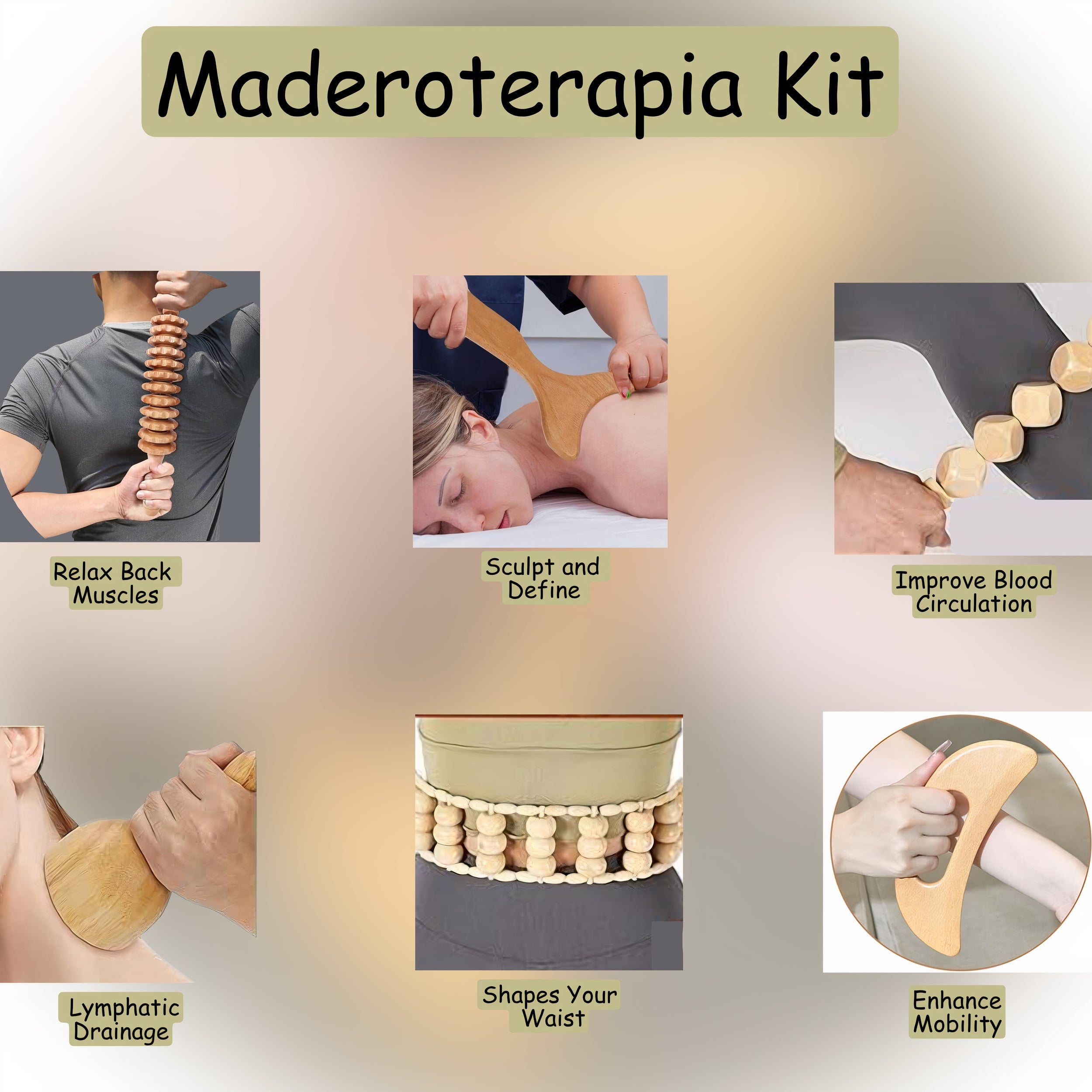 Wooden Massage Tool Kit - 6pc Natural Wood Therapy Set for Body