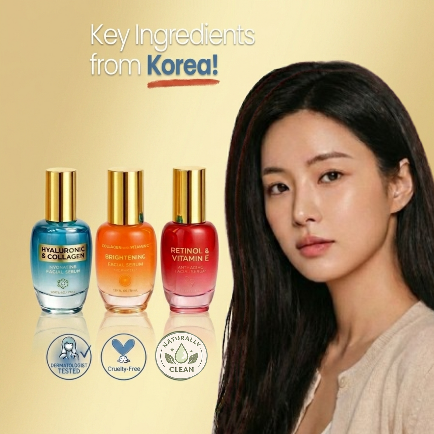 Lovery Korean Skincare 3-Step Facial Serum Set - Retinol, Vitamin C Brightening & Hyaluronic Collagen Hydration for Face