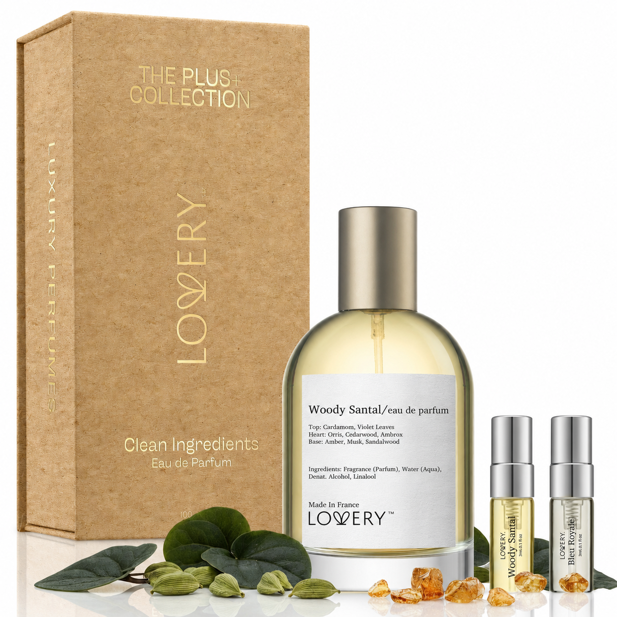 LoveryPlus Woody Santal Eau de Parfum 3pc. Fragrance Gift Set - Inspired by Le Labo Santal 33, 3.4 fl oz Perfume Spray