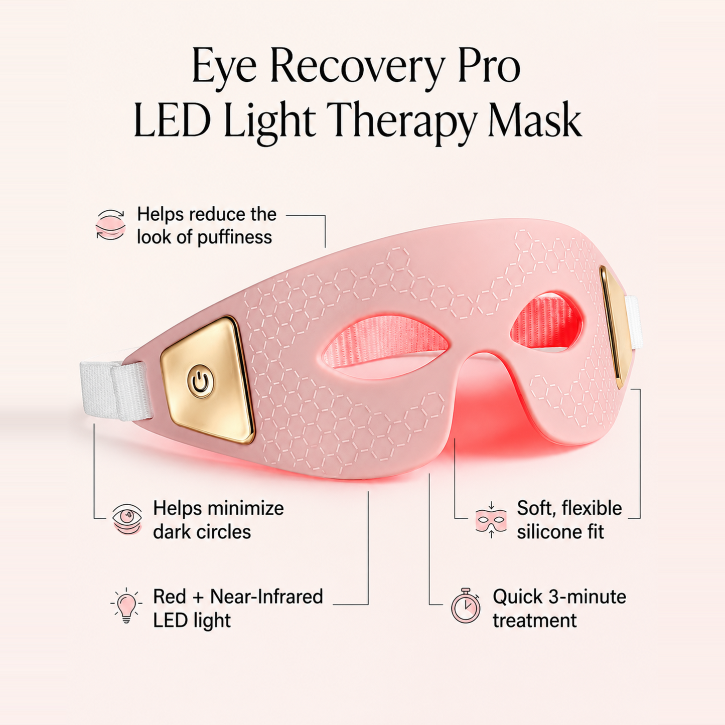 Eye Recovery Pro LED Light Therapy Eye Mask - Red & Near-Infrared Light for Puffiness, Dark Circles & Eye Rejuvenation - Pink Silicone