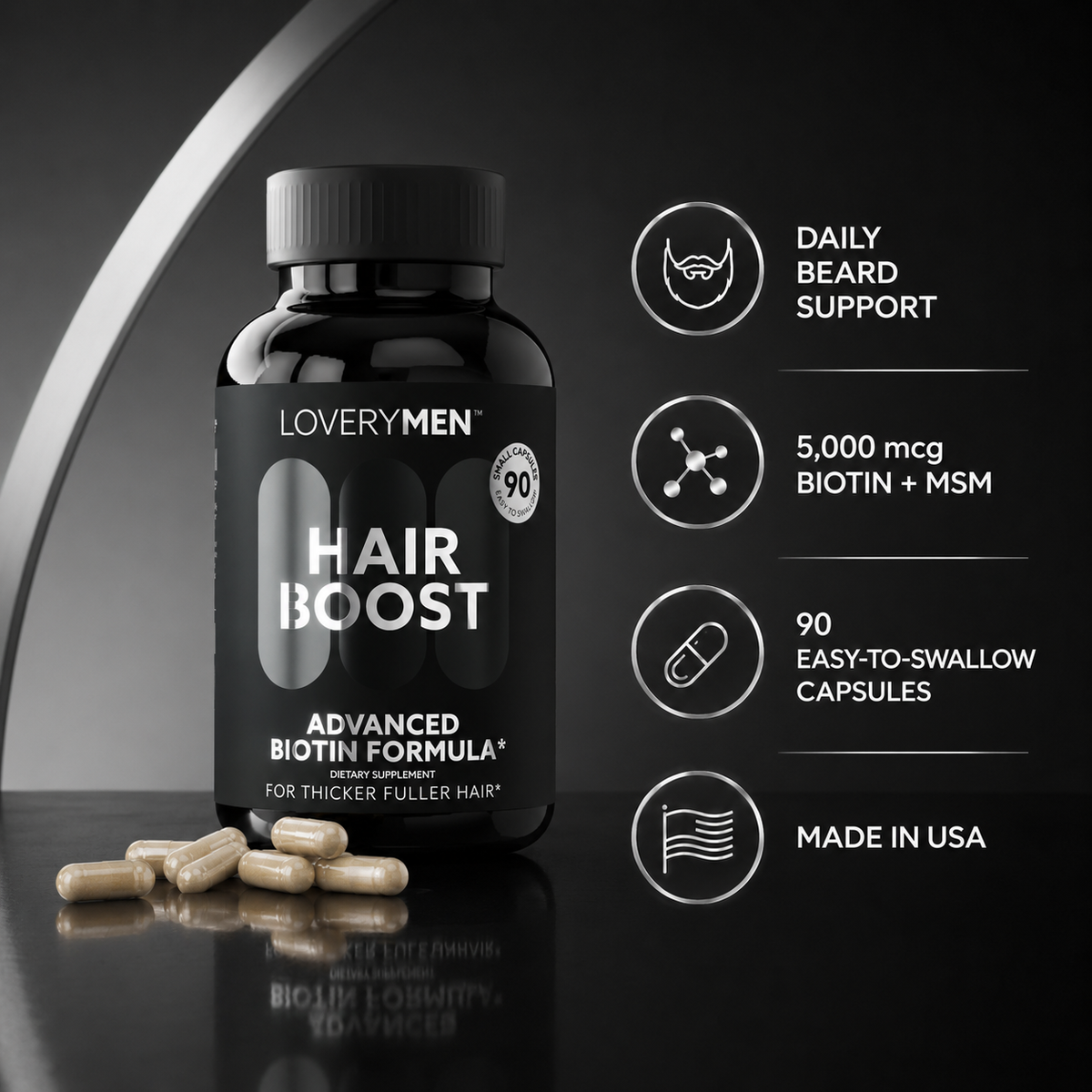 LoveryMen Beard Growth Supplement – Advanced Formula with Biotin, MSM – Thicker, Fuller Beard Support – 90 Capsules – Made in USA