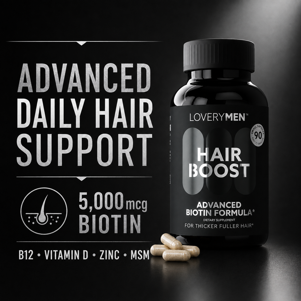LoveryMen Beard Growth Supplement – Advanced Formula with Biotin, MSM – Thicker, Fuller Beard Support – 90 Capsules – Made in USA