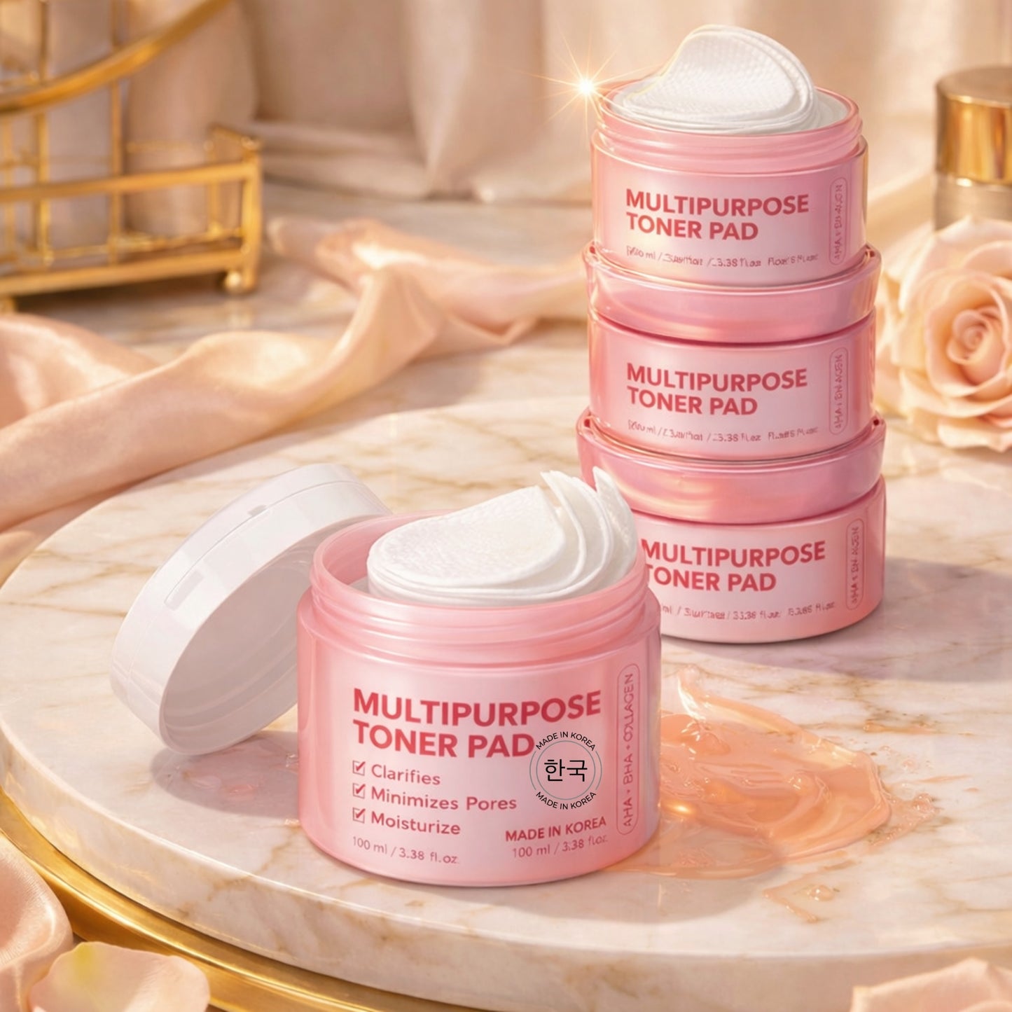 Korean Skin Care Resurfacing Toner Pads with AHA + BHA + Vegan Collagen - 70 Pads