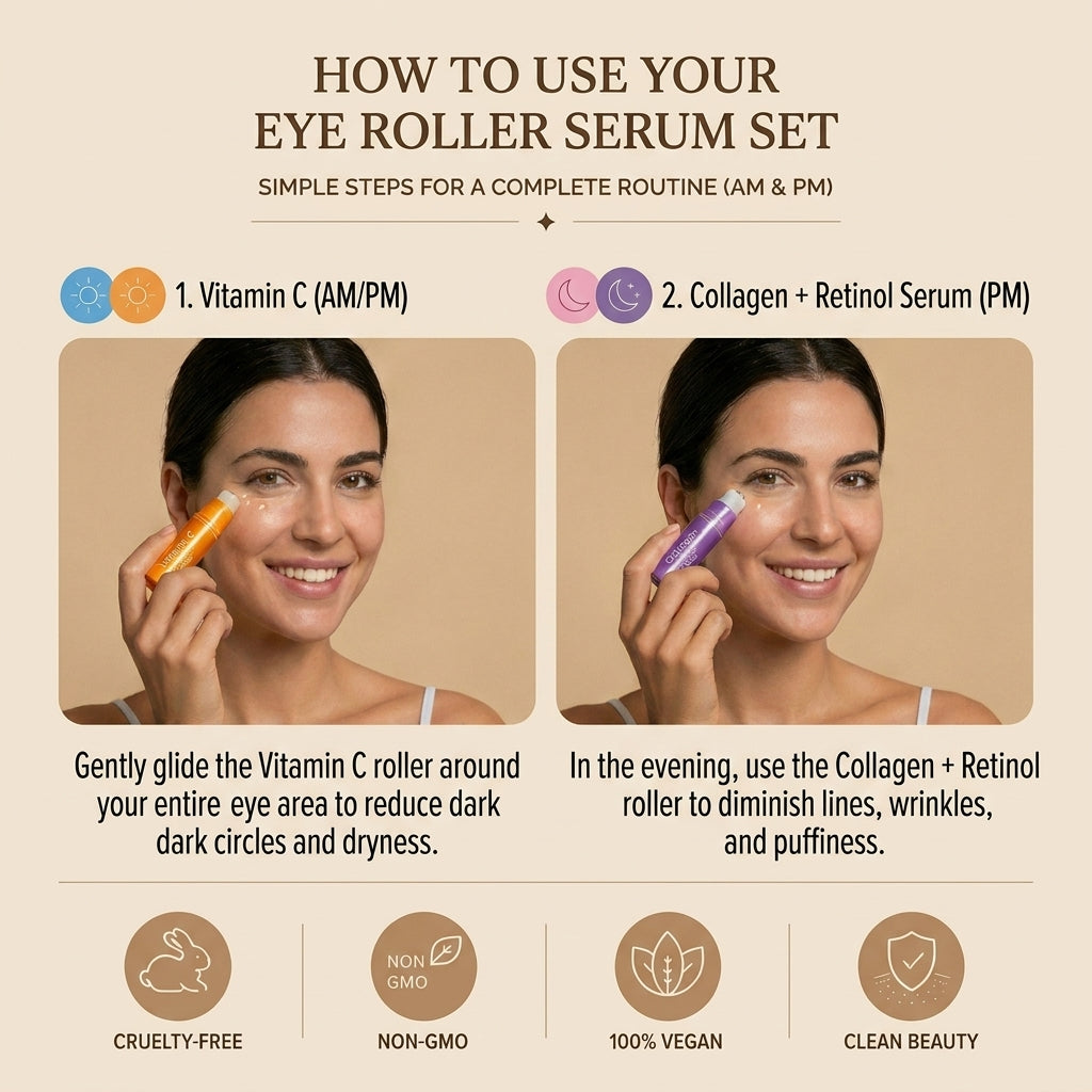 Lovery Korean Skincare Eye Roller Serum Duo - Collagen + Retinol & Vitamin C Brightening Under Eye Treatment Set