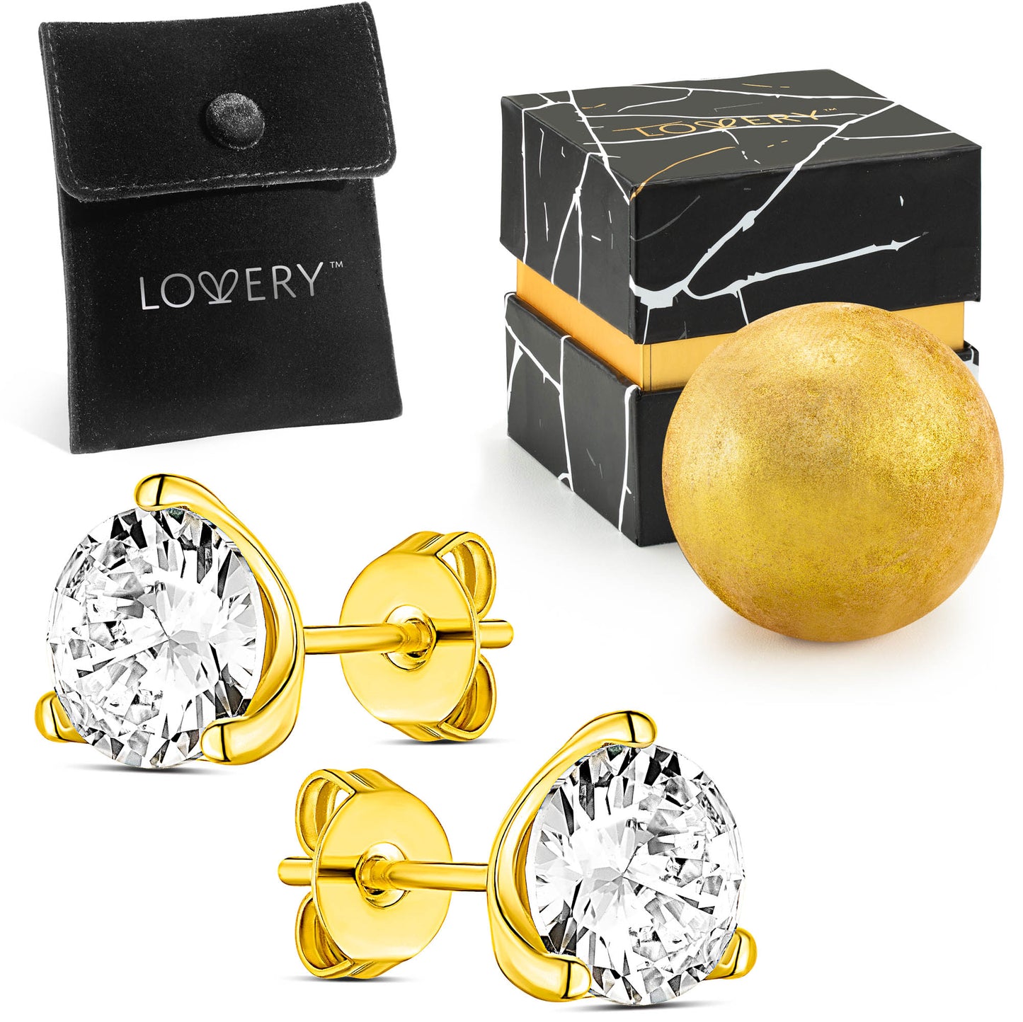 14K Gold Plated 3 Prong Solitaire Earring with Pouch, Bath Bomb & Gift Box