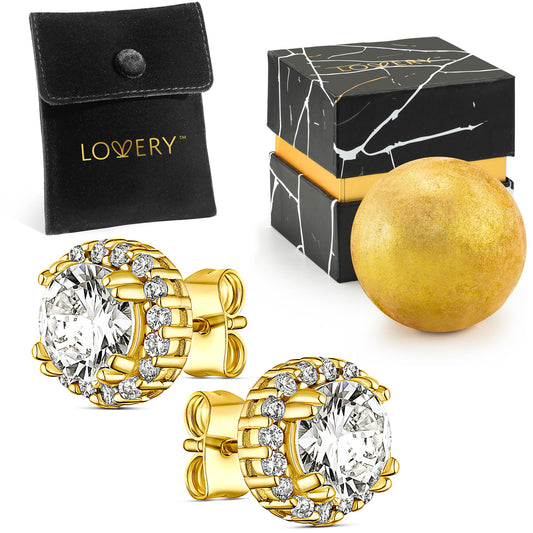 14K Gold Plated Halo CZ Stud Earring with Pouch, Bath Bomb & Gift Box