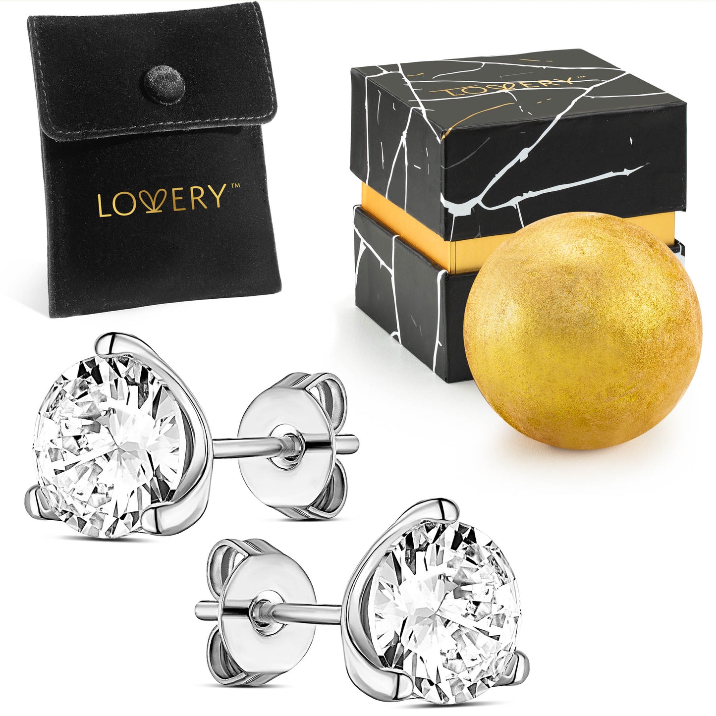 Sterling Silver 3 Prong Solitaire Earring with Pouch, Bath Bomb & Gift Box