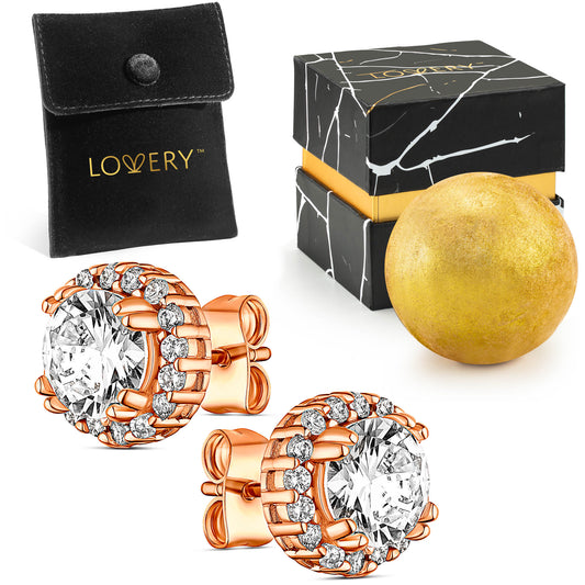 14K Rose Gold Plated Halo CZ Stud Earring with Pouch, Bath Bomb & Gift Box