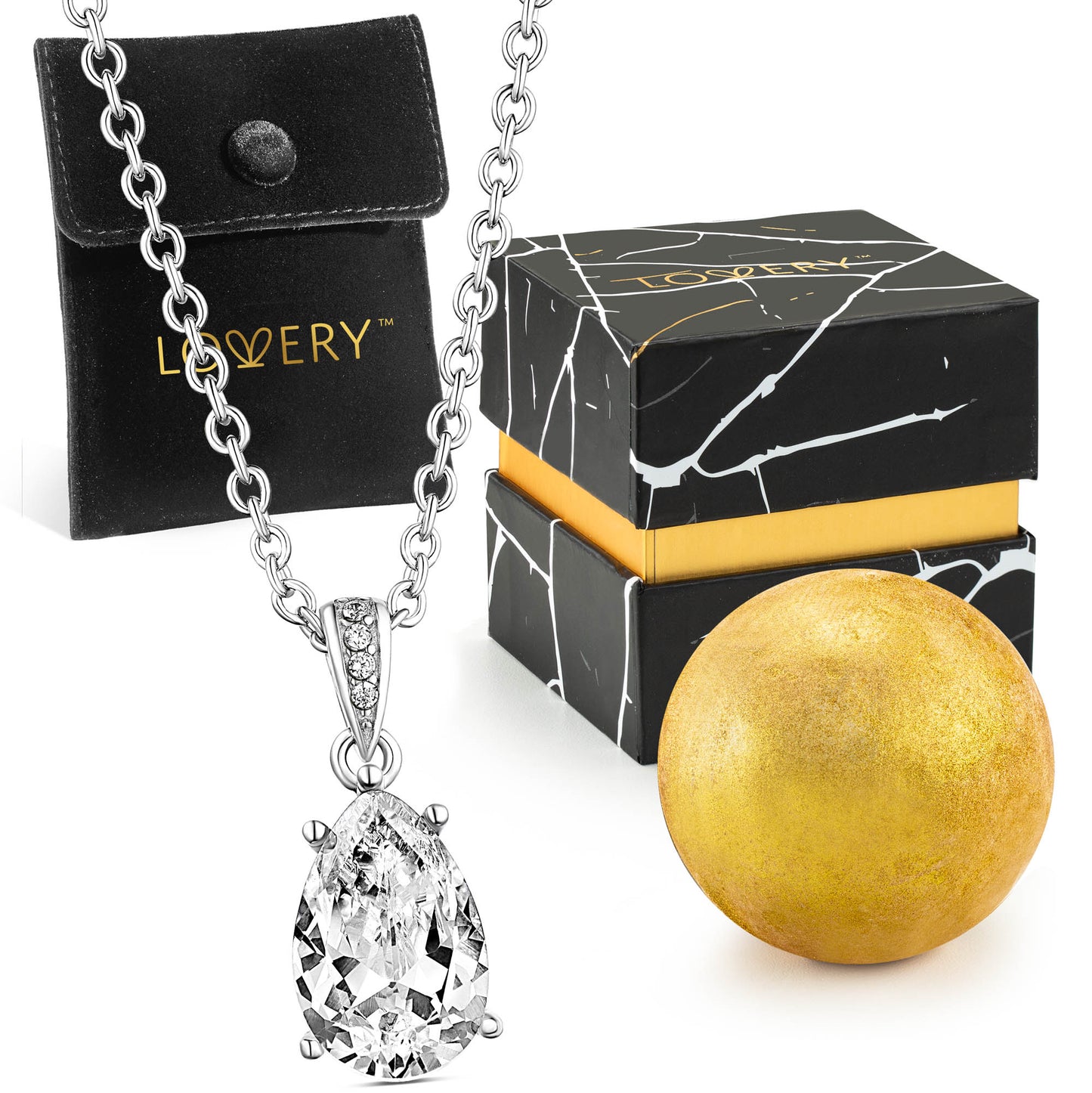 Sterling Silver Tear Drop Shaped CZ Stone Pendant with Chain, Pouch, Bath Bomb & Gift Box
