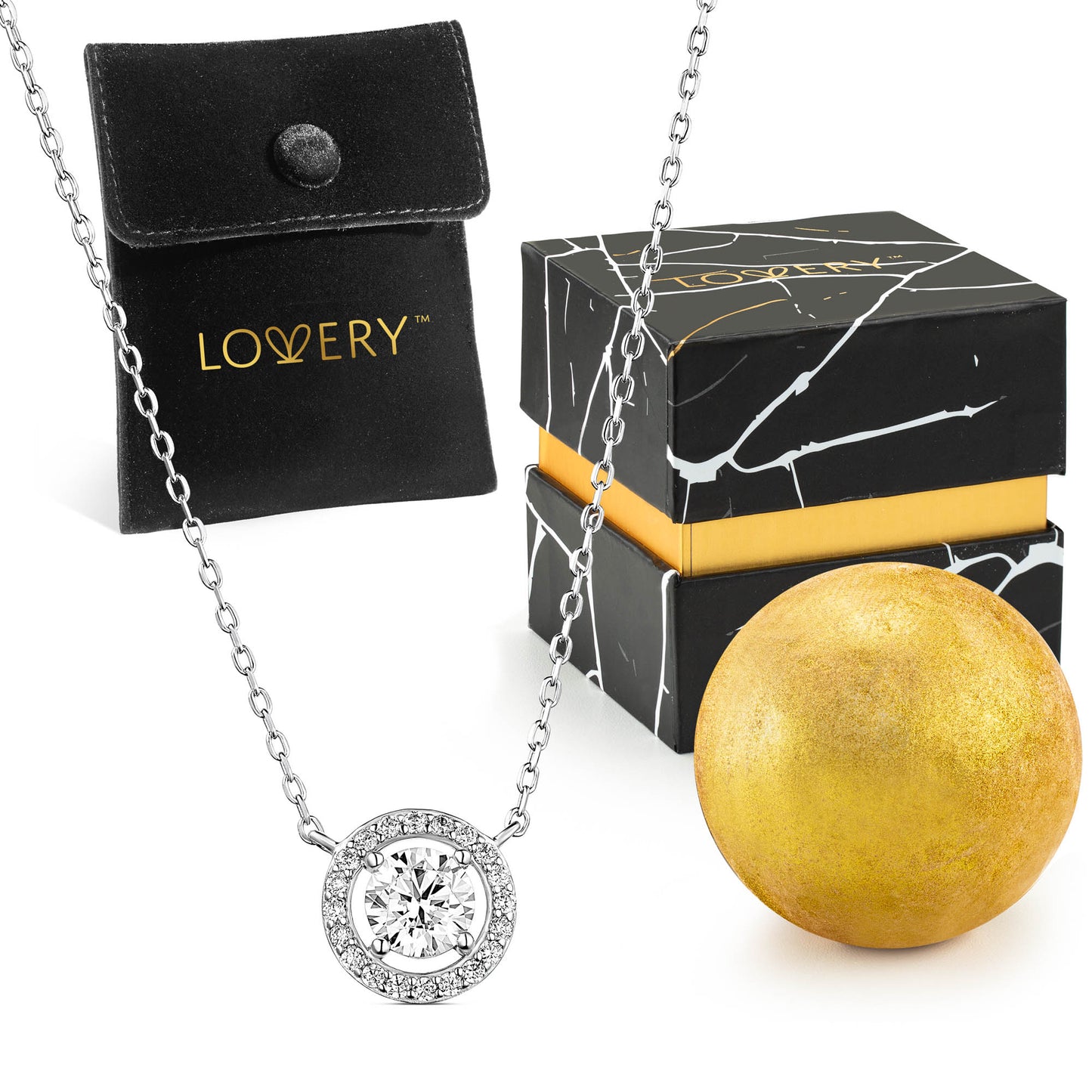Sterling Silver Synthetic Diamonds Halo Necklace with Pouch, Bath Bomb & Gift Box