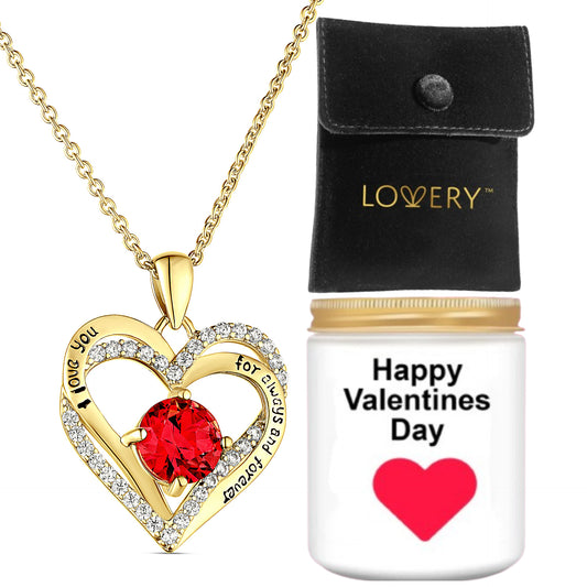 Valentines 14K Gold Plated Double Heart Ruby & CZ Pendant  & Necklace with Pouch &  Soy Candle