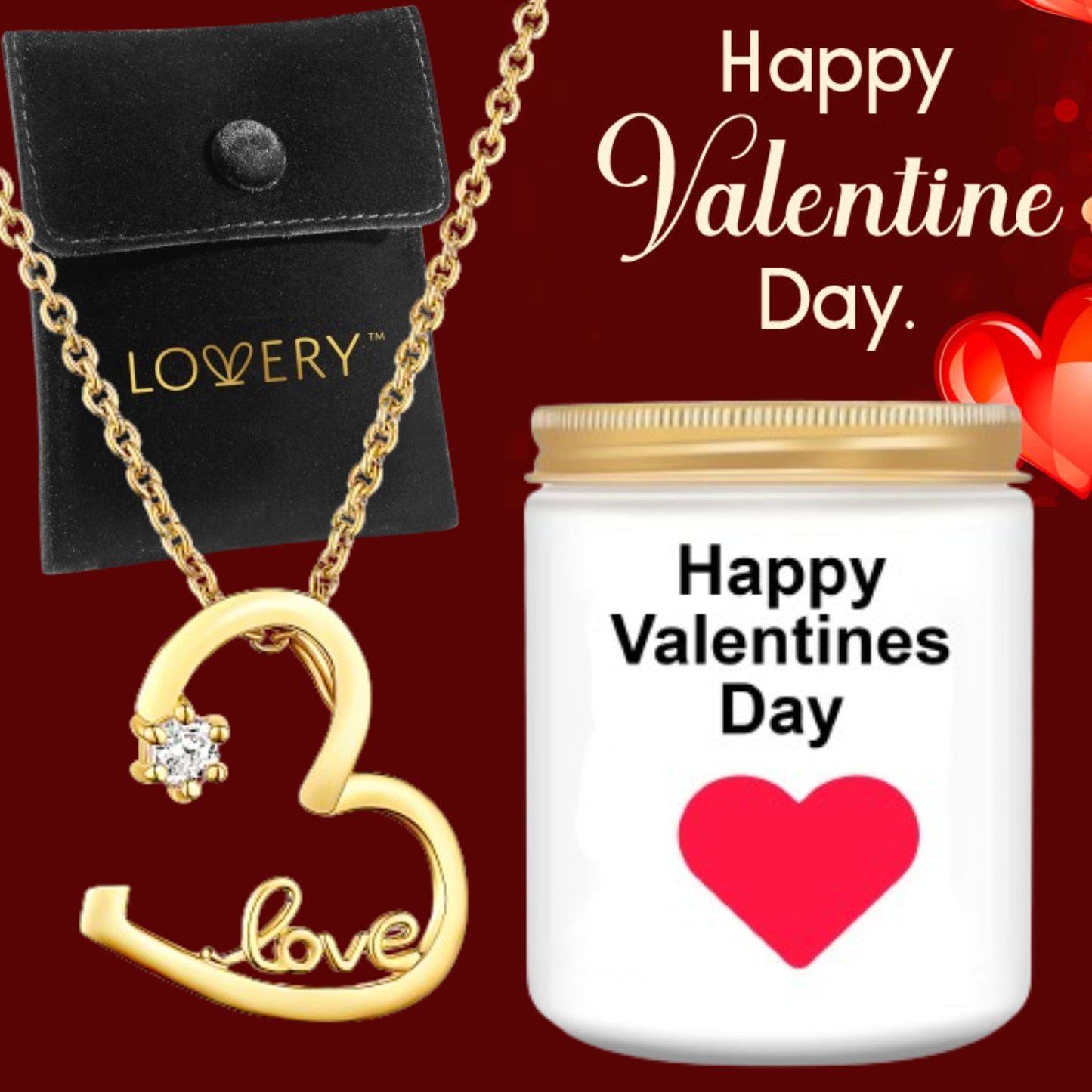 Valentines 14K Gold Plated Open Heart Cz Stone Pendant Love Necklace with Pouch & Soy Candle
