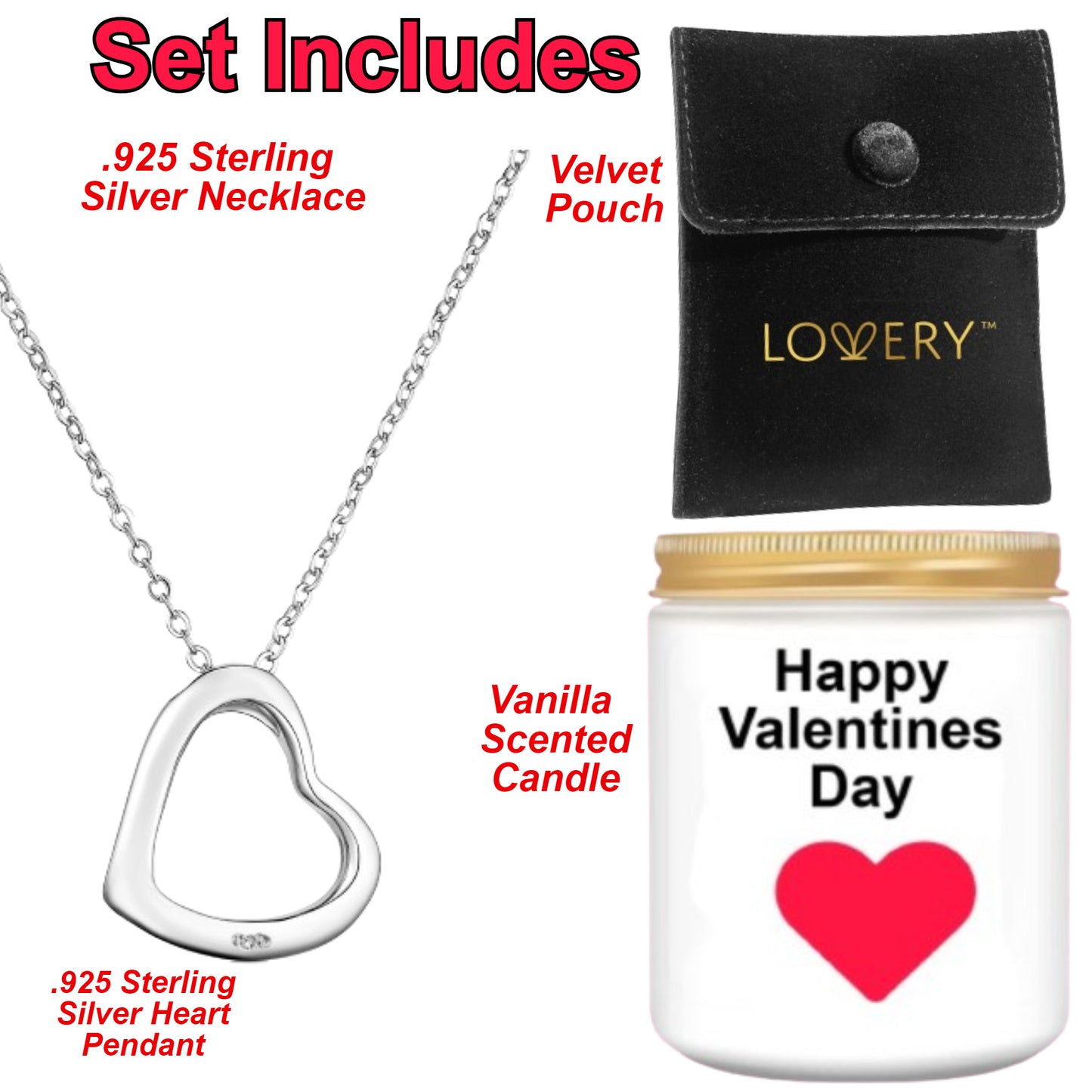 Valentines .925 Sterling Silver Heart Pendant Necklace with Pouch & Soy Candle