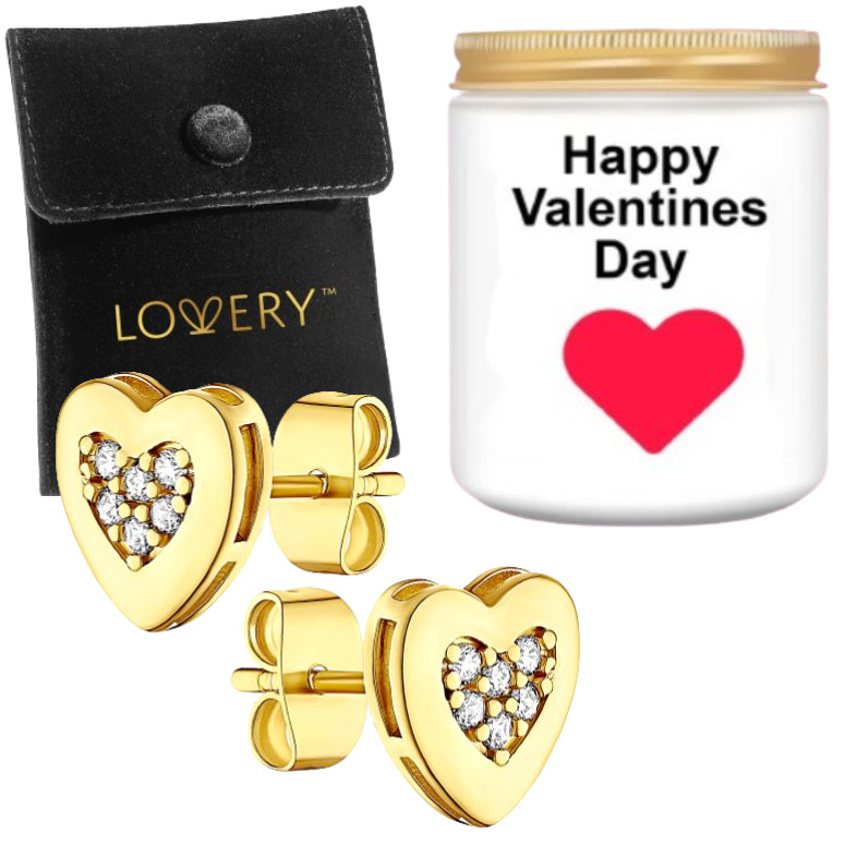 Valentines 14K Gold Plated Heart Earring with CZ Stones, Pouch & Soy Candle