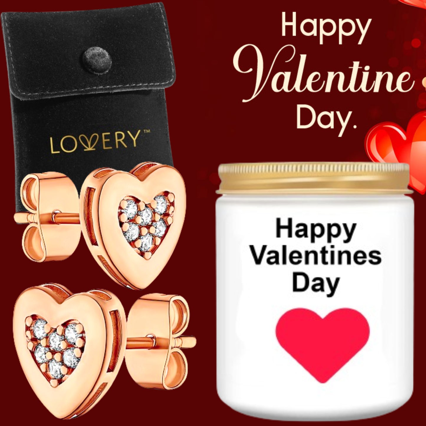 Valentines 14K Rose Gold Plated Heart Earring with CZ Stones, Pouch & Soy Candle