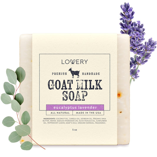 Handmade Goat Milk Soap Bars with Organic Shea Butter - 5oz Eucalyptus Lavender Scent Made in USA