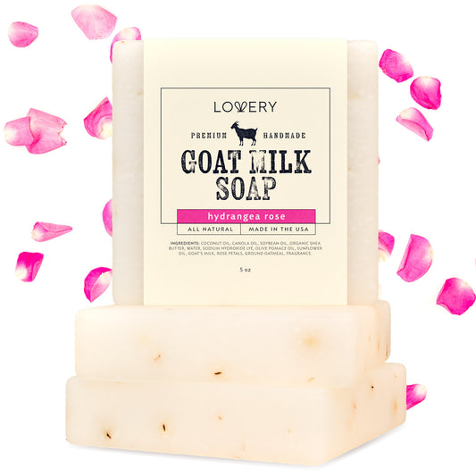 Handmade Goat Milk Soap Bars with Organic Shea Butter - 3Pack Hydrangea Rose Scent Made in USA