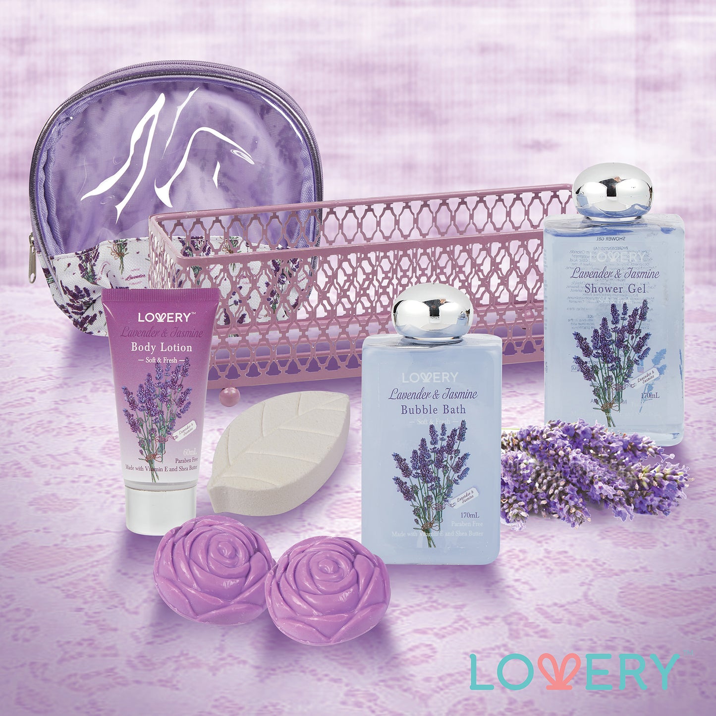 Lavender and Jasmine Home Bath Gift Set - 7Pc Home Spa Kit