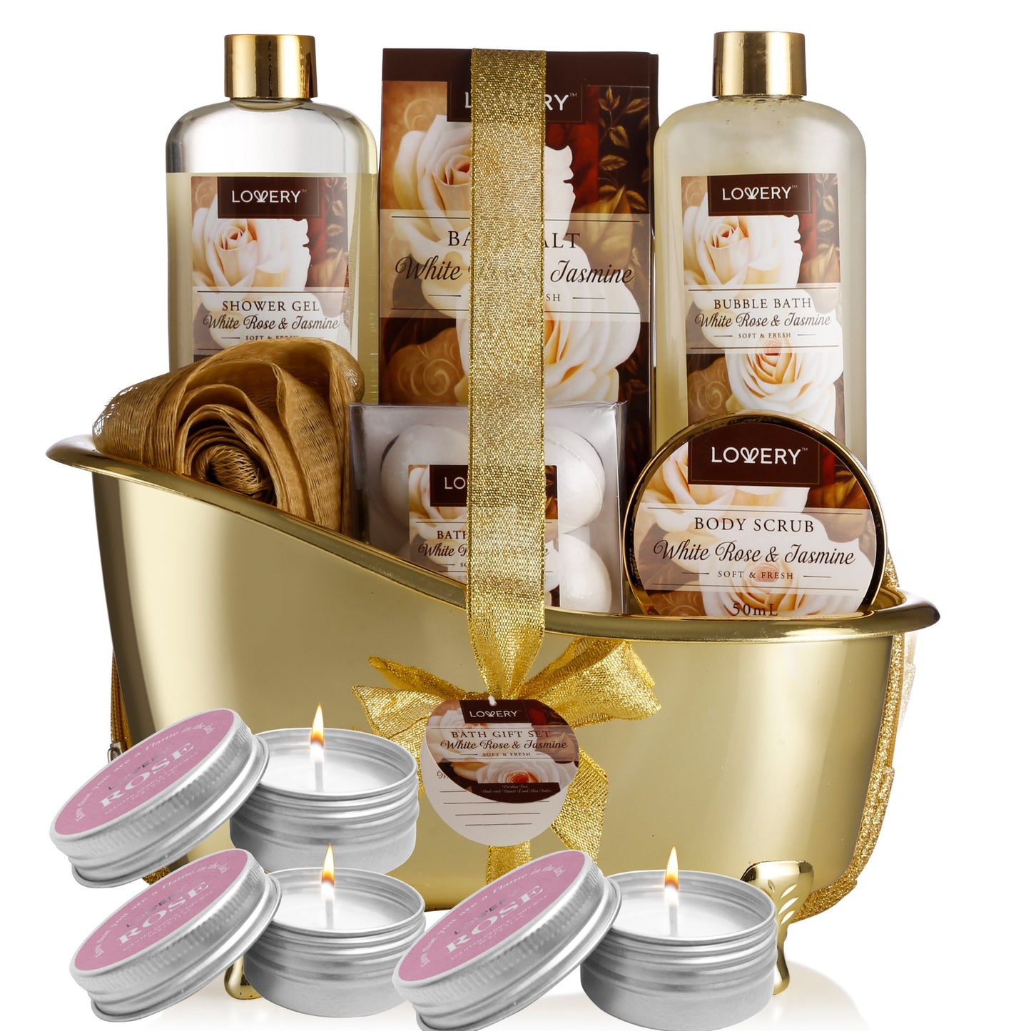 White Rose & Jasmine Set - 16Pc Deluxe Bath and Body Gift Basket