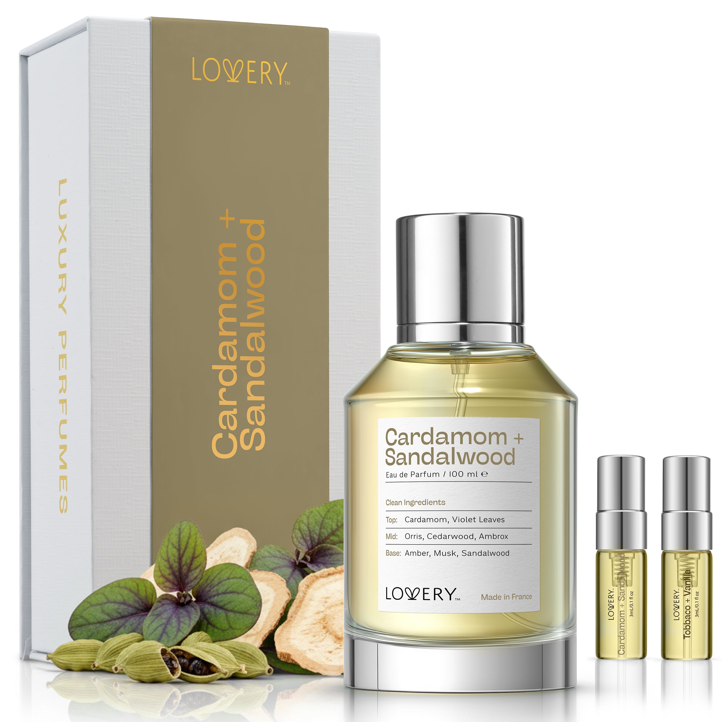 cardamom sandalwood perfume, unisex fragrance gift set, 3pc EDP