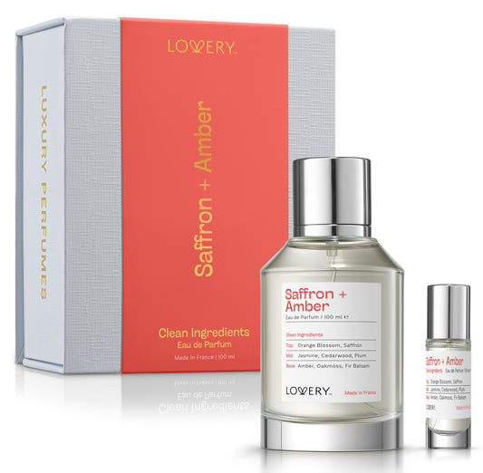 LoveryPlus Saffron + Amber Eau de Parfum 2pc. Fragrance Gift Set - Inspired by Maison Francis Kurkdjian Baccarat Rouge 540, 3.4 fl oz Perfume Spray