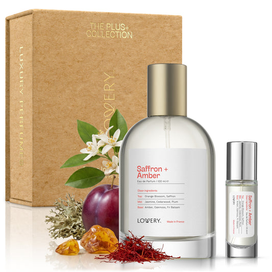 LoveryPlus Saffron + Amber Eau de Parfum 2pc. Fragrance Gift Set - Inspired by Maison Francis Kurkdjian Baccarat Rouge 540, 3.4 fl oz Perfume Spray