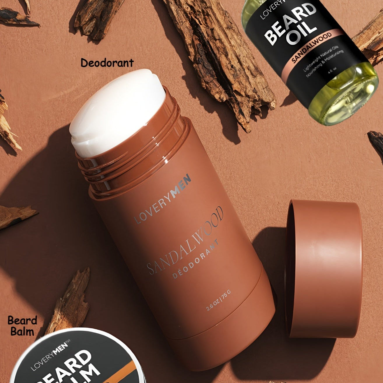 Sandalwood Grooming Set - Beard Oil, Balm & Deodorant Trio