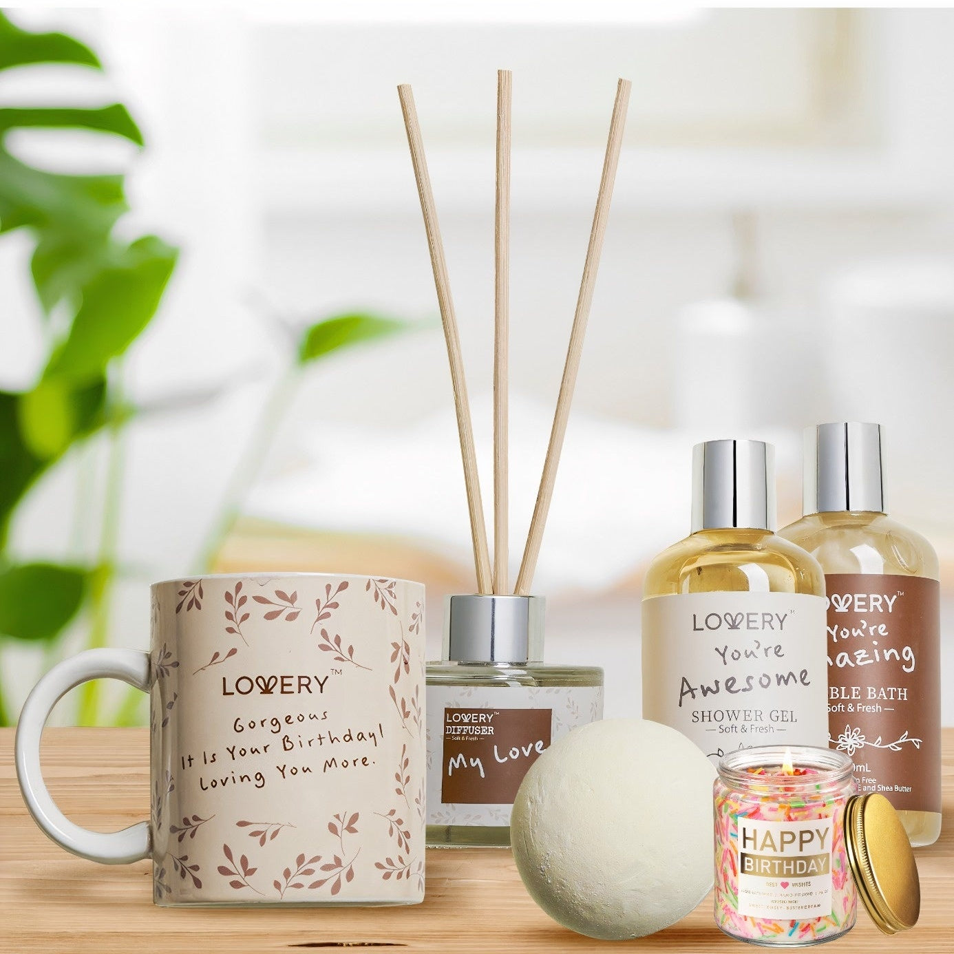 Happy Birthday Gift Set with Bath Essentials and Scented Candle