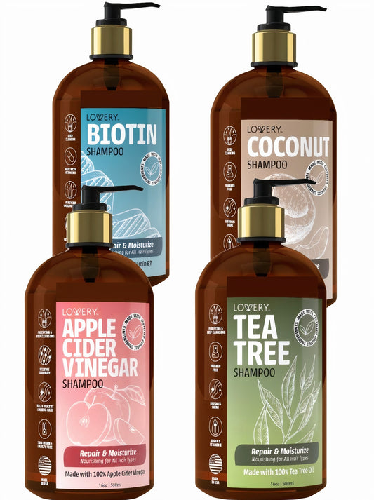 4-Pack Shampoo Set with Tea Tree, Coconut, Apple Cider Vinegar & Biotin