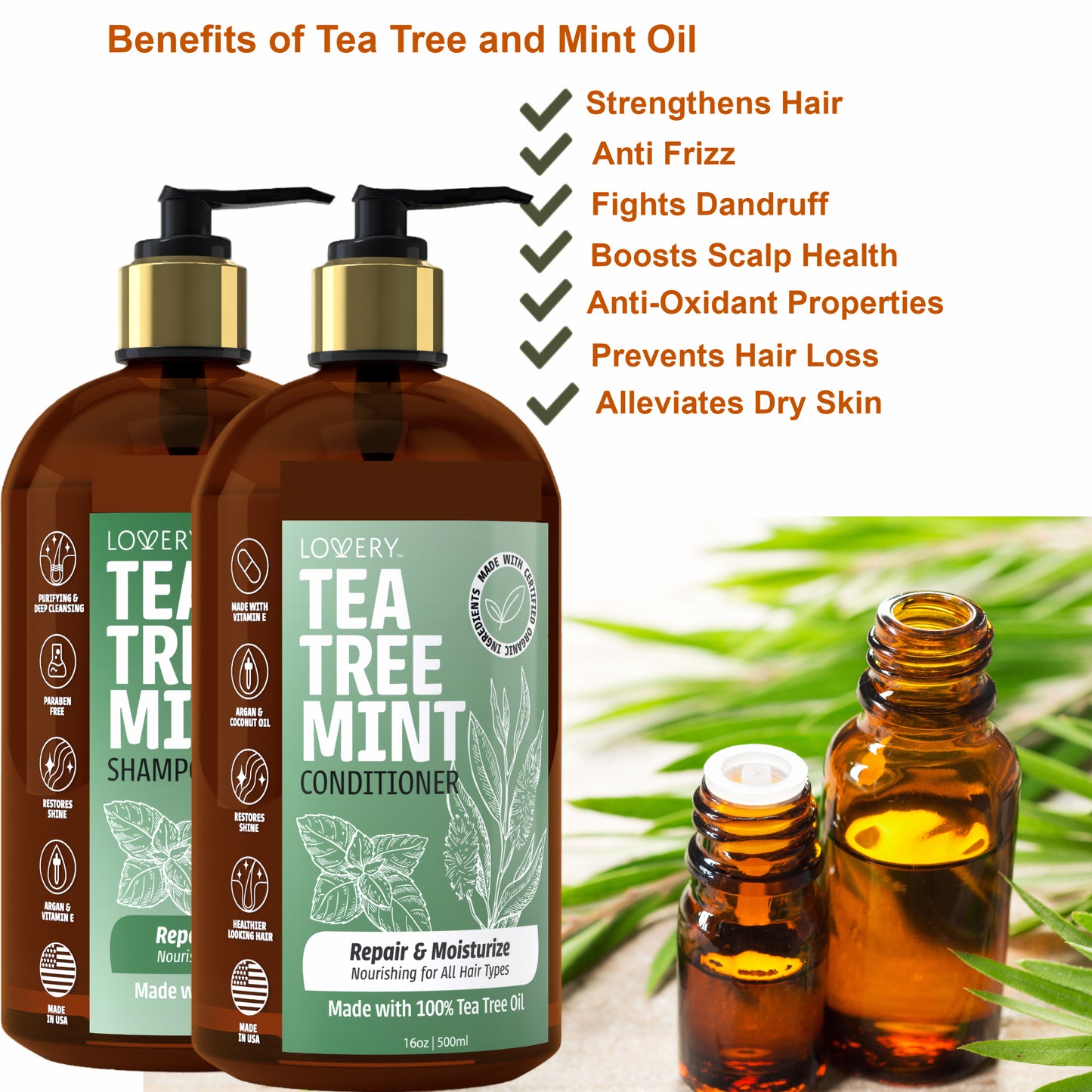 Tea Tree Mint Shampoo & Conditioner Gift Set - 32oz Hair Care Made in USA