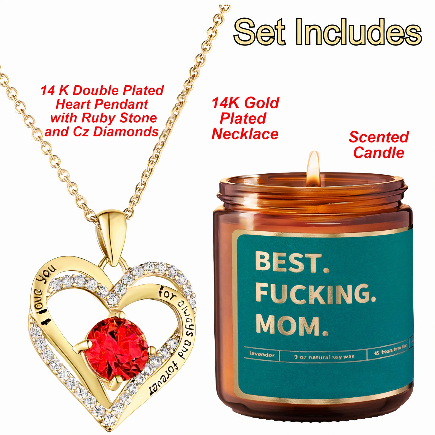 Mother's Day Double Heart Pendant Necklace with Pouch and Candle