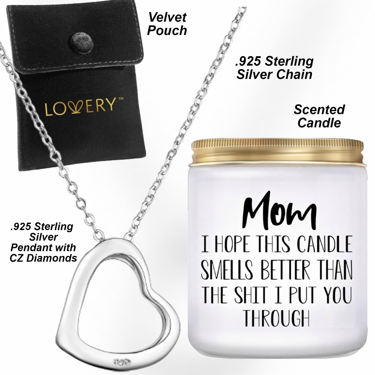 Mother's Day .925 Sterling Silver Heart Necklace with Pouch & Vanilla Scented Soy Candle